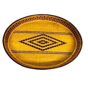Vintage Bamboo Woven Oval‎ Tray Geometric Design Serving Tray Display